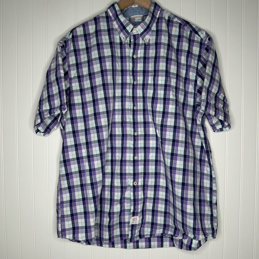 IZOD Saltwater Mens Shirt XLPurple Navy Plaid Short Sleeve Button Down Cotton